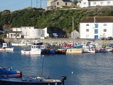 A harbor with multiple boats docked near a stone pier and buildings on a hillside at The Hayloft in Breage