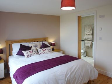 A bedroom with a wooden bed with white bedding and purple pillows next to a bathroom door at The Hayloft in Breage