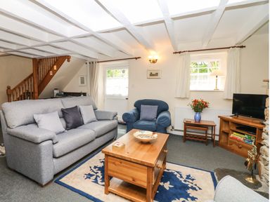 A living room with gray sofa, blue armchair, wooden coffee table, rug, TV on wooden stand, flowers on a side table at Badger Cottage in Mawgan-in-Meneage near Helston