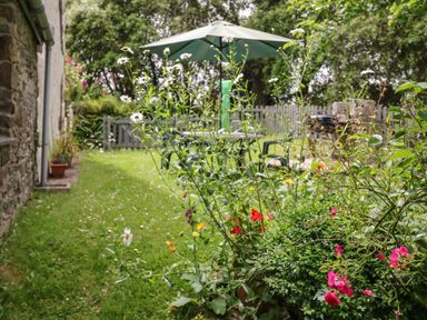 A garden with green grass flowers a table with umbrella and chairs with trees in the background at Badger Cottage in Mawgan-in-Meneage near Helston