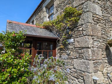 Exterior stone wall of a cottage with wooden framed windows and flowering plants at Swift Cottage in Mawgan-in-Meneage near Helston