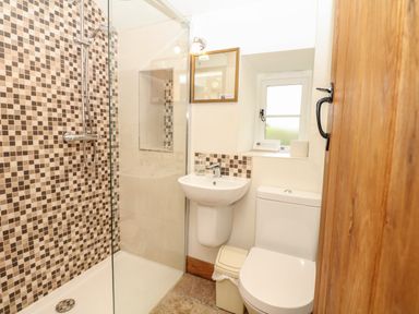 A bathroom with a walk-in shower sink toilet and a small window at Marles Farmhouse in Salwayash