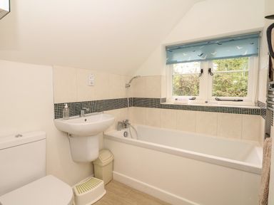 A bathroom with a bathtub shower sink toilet waste bin and window with a blue blind at Marles Farmhouse in Salwayash