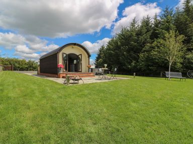 A small arched cabin with open double doors on a patio with table and chairs surrounded by grass and trees at Woodland View in Rhayader
