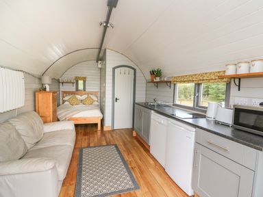 A living area with a couch bed dresser and kitchen cabinets with appliances at Woodland View in Rhayader