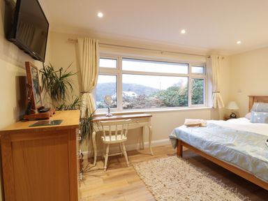 A bedroom with a bed a dresser a desk and chair and a large window at Treetops Golant near Fowey