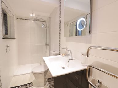 A bathroom with a shower cubicle a toilet a sink and a mirror at Treetops in Golant near Fowey