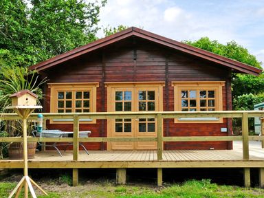 A wooden cabin with a deck and railing in a garden with trees and a birdhouse at St Hildas Lodge in Hinderwell near Runswick Bay