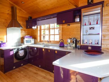 A kitchen with purple cabinets a white countertop a window and wooden walls at St Hilda's Lodge in Hinderwell near Runswick Bay