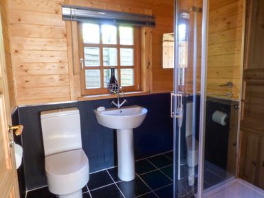 A bathroom with a toilet, pedestal sink, shower enclosure, and a window with a decorative bottle on the sill at St Hilda's Lodge in Hinderwell near Runswick Bay