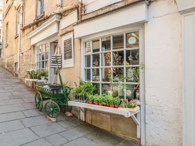 A shop front with potted plants on a shelf and a green cart on a stone pavement at 33 Crescent Gardens in Bath