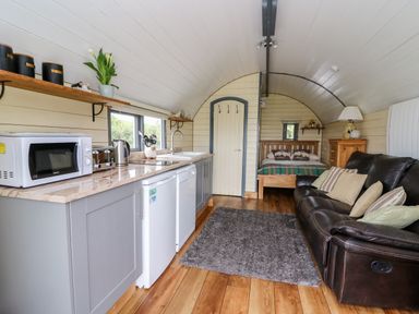 A compact living space with a kitchen area featuring appliances and shelves a sofa a rug and a bed in the background at Mountain View in Rhayader