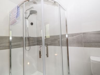 A shower enclosure with glass doors and a showerhead in a bathroom with tiled walls at Elvan Cottage in Liskeard