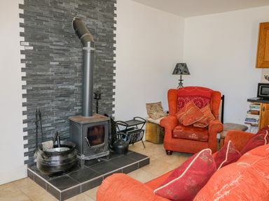 A living room with a wood-burning stove and red armchairs at Beehive Cottage in Kilbrittain County Cork
