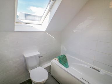 A bathroom with a toilet and a bathtub under a skylight window at Beehive Cottage in Kilbrittain County Cork