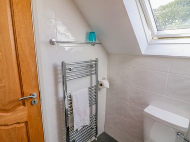 A bathroom corner with a wooden door a towel rack holding a towel a toilet paper holder and a window in Beehive Cottage Kilbrittain County Cork