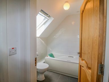 A bathroom with a bathtub a toilet a skylight window and a wooden door at Beehive Cottage in Kilbrittain County Cork