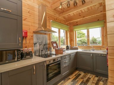 A kitchen with gray cabinets a stove oven microwave toaster and windows with green blinds at Sunnyside Lodge in Crewkerne