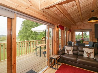 A wooden living room with a brown sofa and deer pillows next to a glass door leading to a deck with a picnic table at Sunnyside Lodge in Crewkerne
