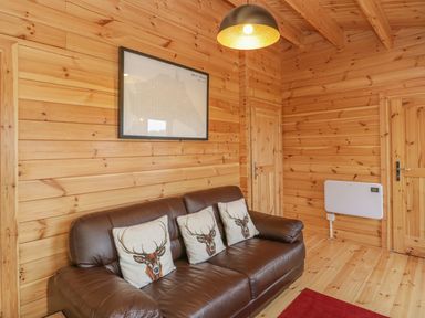 A wooden room with a brown leather sofa and three cushions with deer prints at Sunnyside Lodge in Crewkerne