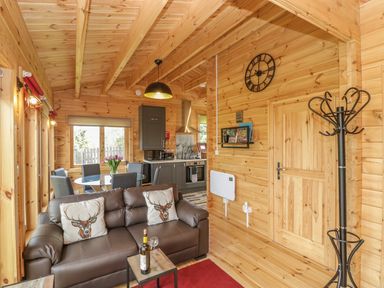 A wooden living room with a brown sofa with deer pillows a small table with wine a dining table with chairs and a kitchen in the background at Sunnyside Lodge in Crewkerne