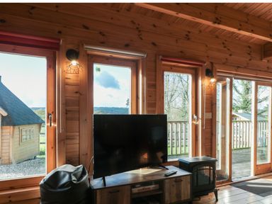 A wooden room with large windows a television on a cabinet a beanbag chair and a small stove at Sunnyside Lodge in Crewkerne