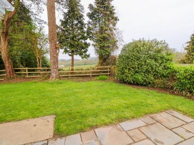 A backyard with grass a wooden fence tall trees and bushes at 4 Hanbury Lodge in Pentlepoir