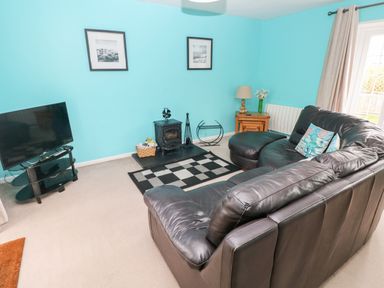 A living room with a black leather sofa a wood stove and a television at 4 Hanbury Lodge in Pentlepoir