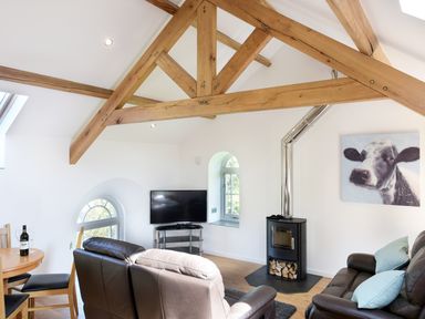 A living room with leather sofas a wood stove a television and wooden beams at Moor View Chapel in Camelford