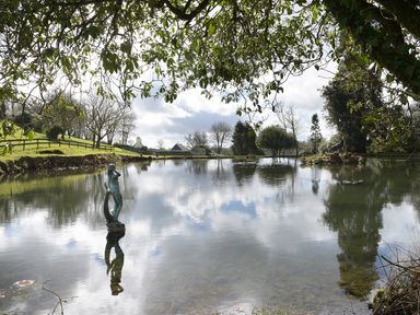 A pond with statues and trees around the water at Little Retreat in Liskeard