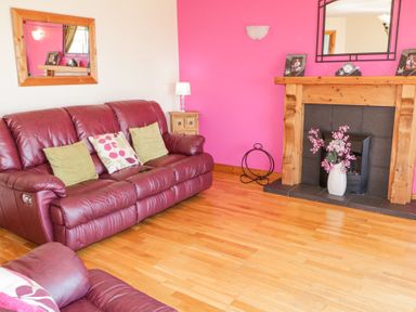 A living room with two leather sofas a wooden fireplace and a pink accent wall at Tullyally in Redcastle