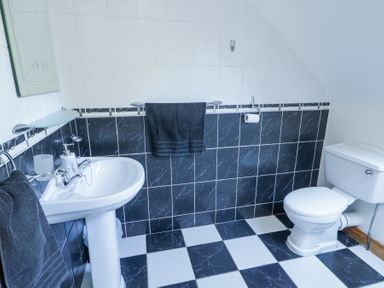 A bathroom with a pedestal sink a toilet black and white tiled walls and floor and black towels at Tullyally in Redcastle