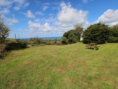 An outdoor grassy area with a wooden picnic table near trees and a view of the sea at The Granary Cottage in Llangrannog near Cardigan