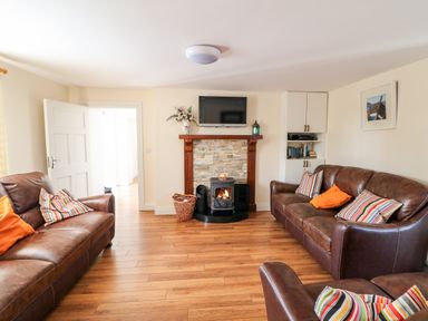 A living room with brown leather sofas and a fireplace with a TV mounted above at Grange Farmhouse in Fethard-on-Sea County Wexford