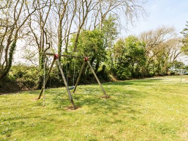 A garden with a wooden swing set and a rotary clothesline on a grassy area at Grange Farmhouse in Fethard-on-Sea County Wexford