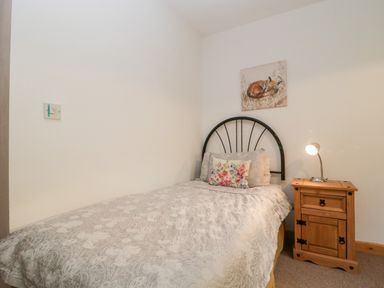 A single bed with patterned bedding and colorful cushion next to a wooden nightstand with a lamp in a bedroom at The Old Goat Barn at Trout Cottage Somerton