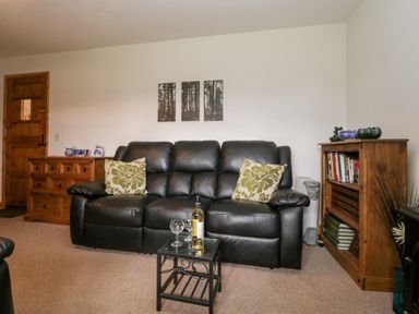 A living room with a black leather sofa two patterned cushions a wooden cabinet a wooden bookshelf with books and a small table with a bottle and glasses at The Old Goat Barn at Trout Cottage in Somerton