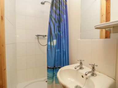 A bathroom with a shower area and blue patterned shower curtain next to a white sink with two taps at The Old Goat Barn at Trout Cottage Somerton