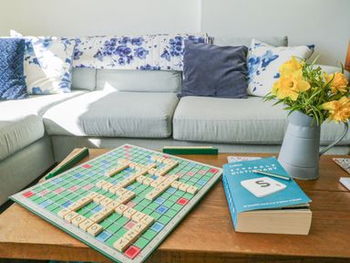 A living room with a couch and cushions a scrabble game on a wooden table a scrabble dictionary and yellow flowers in a jug at Clamoak Cottage Clamoak near Bere Alston