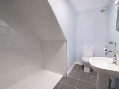A bathroom with toilet sink and shower area under a sloped ceiling at Cilgwyn Bach in Llandysul