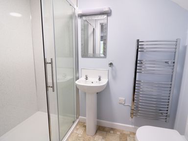 A bathroom with a glass shower enclosure pedestal sink mirror and chrome heated towel rail at Cilgwyn Bach in Llandysul