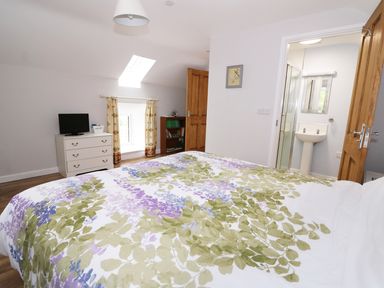 A bedroom with a bed with floral bedding a dresser with a television and a window with curtains at Cilgwyn Bach in Llandysul