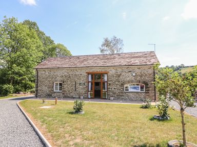 A stone house with a tiled roof and a gravel driveway surrounded by grass and small trees at Cilgwyn Bach in Llandysul