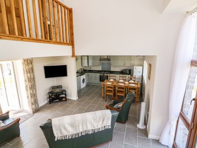 A living room with green leather sofas and a dining area with wooden chairs and table in a kitchen at Cilgwyn Bach in Llandysul