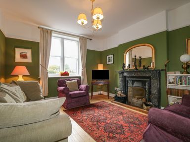 A living room with a fireplace a red patterned rug green walls and purple armchairs at Dale House in Lorton