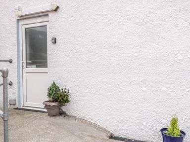 A white door with frosted glass on a textured white wall with potted plants on a concrete floor at 2 Park Nook Close in Waberthwaite