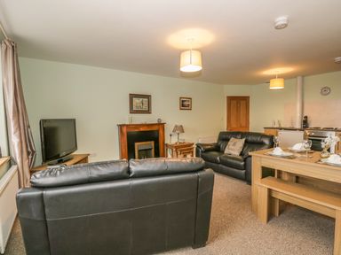 A living room with black leather sofas a wooden dining table and chairs a television and a fireplace at 2 Park Nook Close in Waberthwaite