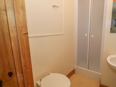 A bathroom with a toilet wooden door shower with frosted glass doors and a white sink at 1 Park Nook Close in Waberthwaite