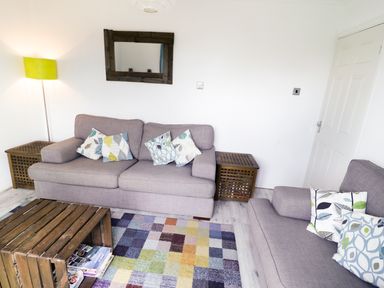 A living room with two gray sofas a wooden coffee table and a colorful checkered rug at Driftwood in Bude