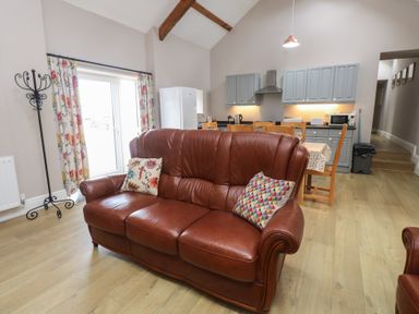 A living room with a brown sofa and kitchen area at Coetsiws in Clynnog Fawr